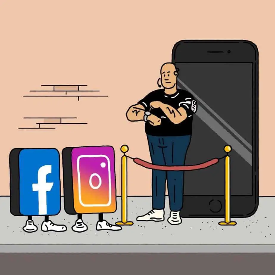 cartoon graphic of a bouncer guarding a phone from social apps coming in 38 Tips To Help You Use Social Media More Consciously
